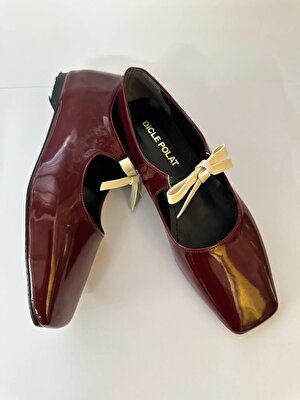 Dicle Polat Shoes Bowin Bordo Küt Burun Kurdale Detaylı Kadın Babet