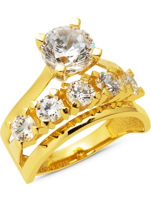 Bilezikci 14 Ayar Alyanslı Tektaş Beştaş Model Altın Yüzük