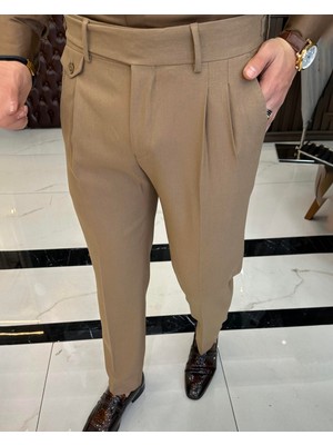 Terziademaltun Italyan Stil Slim Fit Erkek Pileli Kumaş Pantolon Camel T10797