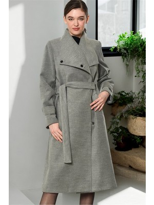 Dewberry Kadın Palto Düz Gri Uzun Kol %69 Polyester %30 Viskon Şık Tasarım