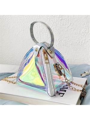 Luoxg Gümüş Mini Küçük Çanta Kadın 2022 Yeni Üçgen Zongzi Lazer Çanta Sevimli Tek Omuz Zinciri Crossbody Pvc Çanta (Yurt Dışından)