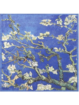 Bursa İpek Mavi Badem Çiçeği Desen Ipeksi Mendil