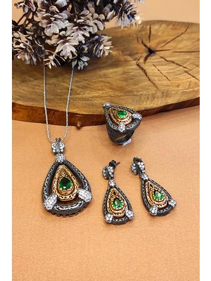 Aykat Kadın Gümüş Set Otantik Tasarım Kolye Küpe Yüzük 925 Ayar AKS-2016