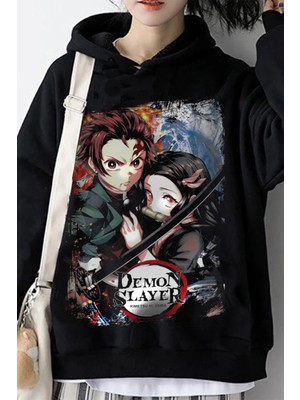 Red Box Butik Siyah Demon Slayer Baskılı Unisex Geniş Kalıp Kapüşonlu Içi Polar Sweatshirt