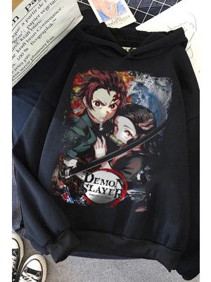 Red Box Butik Siyah Demon Slayer Baskılı Unisex Geniş Kalıp Kapüşonlu Içi Polar Sweatshirt