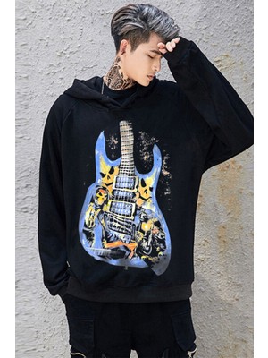 Red Box Butik Siyah Skull Gitar Baskılı Unisex Geniş Kalıp Kapüşonlu Içi Polar Sweatshirt