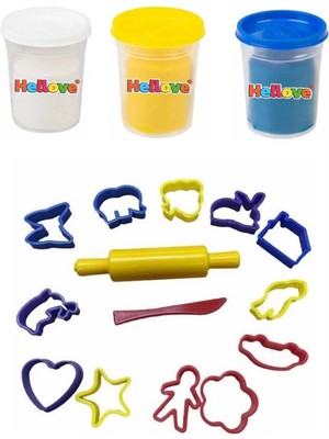 Hellove 3 Adet Oyun Hamuru + Oyun Hamuru Için Merdane ve Kalıp Seti Play Dough