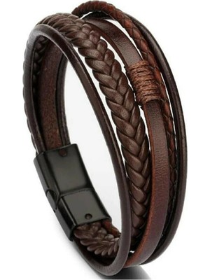 Shopiolog Unisex Çift Sıra Kahverengi Beyaz Deri Bileklik