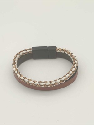 Shopiolog Unisex Çift Sıra Kahverengi Beyaz Deri Bileklik