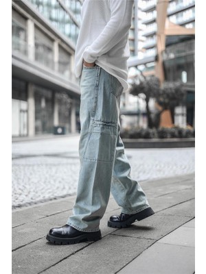 Outfit-Man Erkek Gizli Kargo Cepli Baggy Pantolon Jean Yıkamalı Mavi