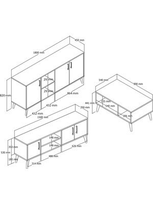 Mezza Set 1580-2070-1620 Exxen (Ahşap Ayaklı) Tv Ünitesi Orta Sehpa Konsol Seti Hat Antrasit