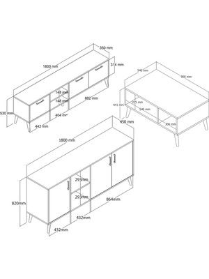 Mezza Set 1581-2070-1620 Exxen (Ahşap Ayaklı) Tv Ünitesi - Orta Sehpa - Konsol Seti Hat - Antrasit