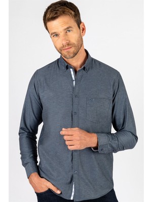Tudors Erkek Regular Fit Klasik Kesim Pamuklu Oxford Doku Tek Cepli İndigo Düğmeli Yaka Gömlek
