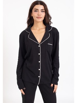 Villager & Son Vs Bayan Düz Penye U.kol Pijama Takım Siyah/beyaz