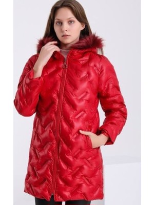 Zy Plus Kırmızı Kapüşonu Kürklü Şişme Mont