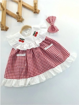 Bilge Trend Kız Bebek Kırmızı Pötikareli Kiraz Detaylı Saç Bantlı Yazlık Elbise