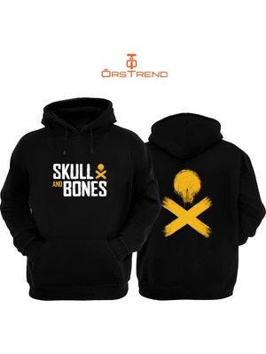 Ors Trend Skull & Bones Baskılı 3 Iplik Unisex Siyah Kapişonlu Sweatshirt