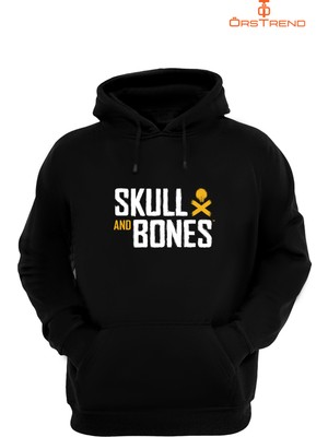 Ors Trend Skull & Bones Baskılı 3 Iplik Unisex Siyah Kapişonlu Sweatshirt