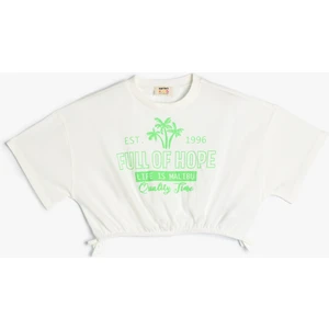 Crop Tişört Kısa Kollu Bisiklet Yaka Baskılı Lastikli Pamuklu