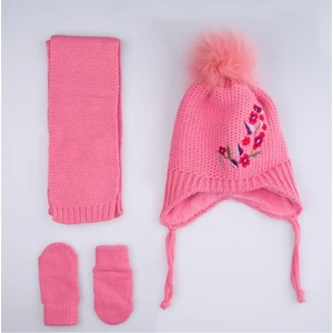 Kız Bebek Çiçek Desenli Atkı Bere Eldiven Seti K2150-04 Pembe
