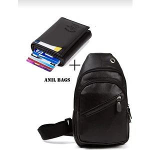 Anıl Bags Siyah Suni Deri Göğüs Omuz Çantası ve Mekanizmalı Kartlık Cüzdan