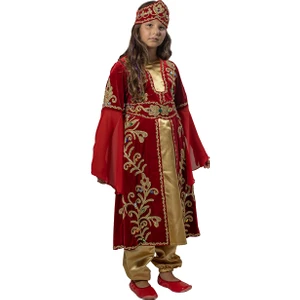 Köylü Kostüm Mihrimah Sultan Kıyafeti Kız Çocuk Lüks Kadife Bindallı Elbisesi Kırmızı