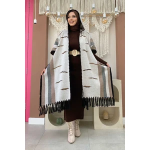 Bym Fashion Kapişonlu Püskül Detaylı Triko Panço 1606 Taş