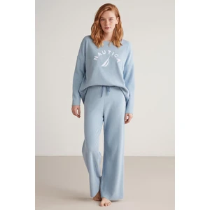 Kadın Mavi Uzun Kollu Pijama Takımı W609