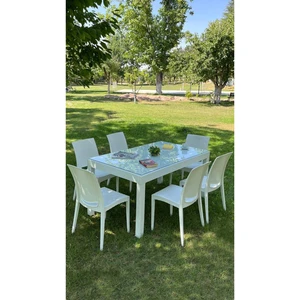 Rattan Large Camlı Beyaz Masa Takımı Bahçe&balkon 1 Camlı Masa + 6 Sandalye