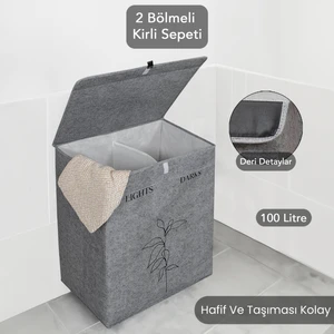 Meleni Home Keçe Deri 2 Bölmeli Çamaşır Kirli Sepeti Çok Amaçlı Katlanır Oyuncak Saklama Hurcu Gri 53X33X60 cm