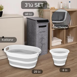 Meleni Home Kapaklı Keçe Çamaşır Sepeti Katlanır Saklama Selesi 3'lü Set Gri 25X40X60CM-25LT Çamaşır Selesi-Kova