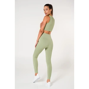 Toparlayıcı Dikişsiz Tayt-Crop Top Fitilli Büstiyer Tayt Crop Top Takım Yeşil