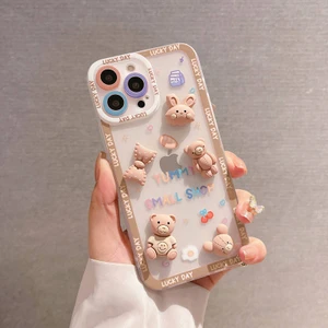 Apple iPhone 15 Pro Max Uyumlu Kılıf Zebana Bear And Rabbit Silikon Kılıf Kahverengi