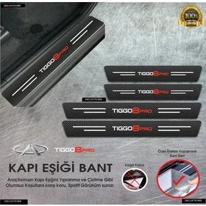 DK Elektronik Chery Tiggo 8 Pro Logolu Karbon Kapı Eşiği Koruyucu Suni Deri 4'lü Set