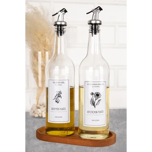 DNS Home 2'li Cam Yağdanlık Ahşap Stantlı Zeytinyağı Ayçiçek Yağı Şişesi Kilitbaşlık Yağlık Yağdanlık 750 ml