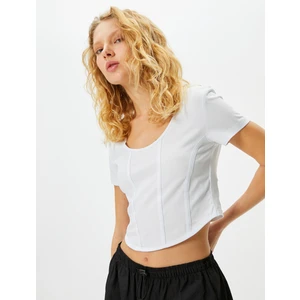 Crop Tişört Korse Görünümlü Dar Kalıp Kısa Kollu U Yaka Pamuklu