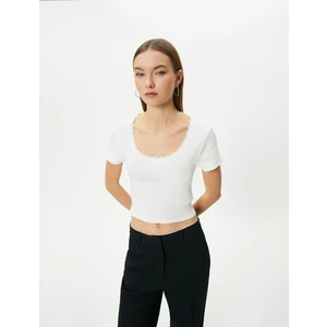 U Yaka Basic Crop Tişört Ribanalı Dantel Detaylı Kısa Kollu Pamuklu