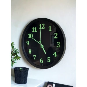 Fosforlu Gece Karanlıkta Parlayan Siyah Duvar Saati Çap 30 cm Plastik