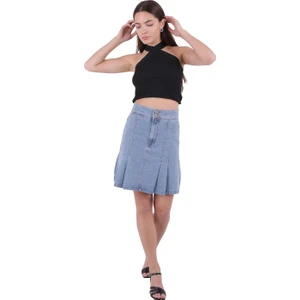 Pileli ve Çan Modelli Cepsiz Astarsız Kadın Kısa Kot Etek Durulanmış Mavi Denim Yaz / Bahar 