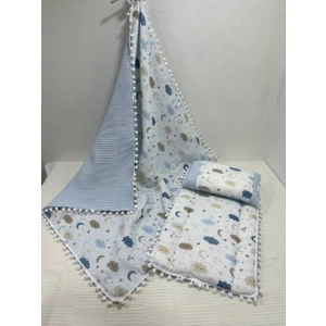 Buse Baby Home Busebabyhome Mavi , Müslin ve Ponponlu Alt Açma , Yastık ve Battaniye 3'lü Set