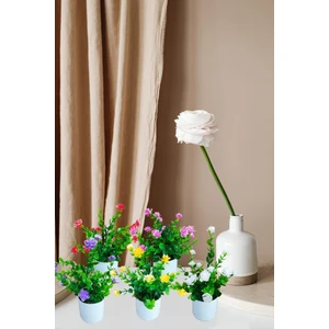 Cennet Home 5' Li Mineli Şimşir Seti Masaüstü Beyaz Saksıda Yapay Çiçek Beyaz Mor Lila Sarı Kırmızı