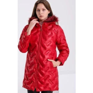Zy Plus Kırmızı Kapüşonu Kürklü Şişme Mont