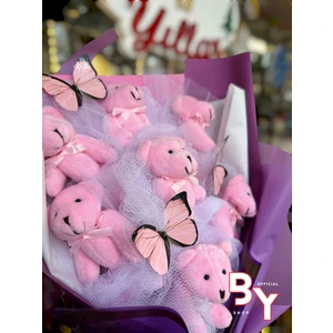 By Shopping Pembe Ayıcık Buketi 7 Ayıcıklı Sevgiliye Özel Hediyelik Kelebekli  Ayıcık Buketi