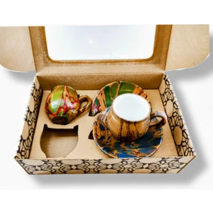 Çömlek Diyarı Ebruli Desenli 2 Li Toprak Fincan Seti