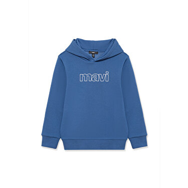 Mavi Logo Baskılı Kapüşonlu Mavi Sweatshirt