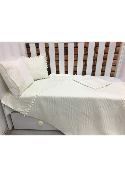 Buse Baby Home Krem , Çocuk Çok Amaçlı Poplin ,pikeli ve Ponponlu Nevresim Takımı 6'lı Set