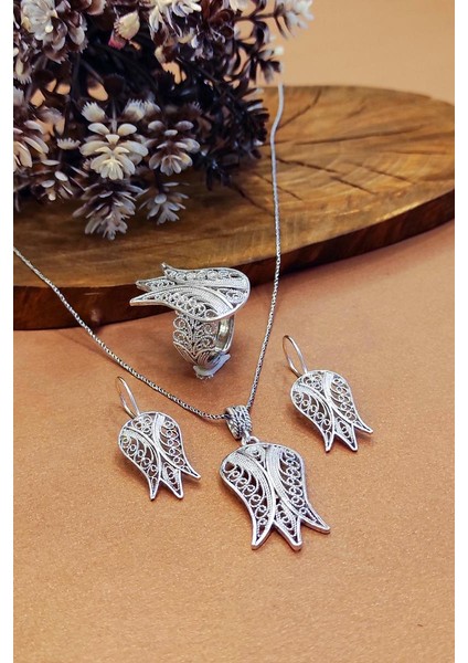 925 Ayar Kadın Gümüş Set Taşsız Telkari Oksitli Kolye Küpe Ayarlanabilir Yüzük AKS-2039
