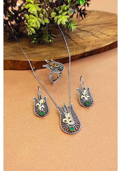 Kadın 925 Ayar Gümüş Set Lale Motifli Oksitli Telkari Kolye Küpe Ayarlanabilir Yüzük AKS-2031