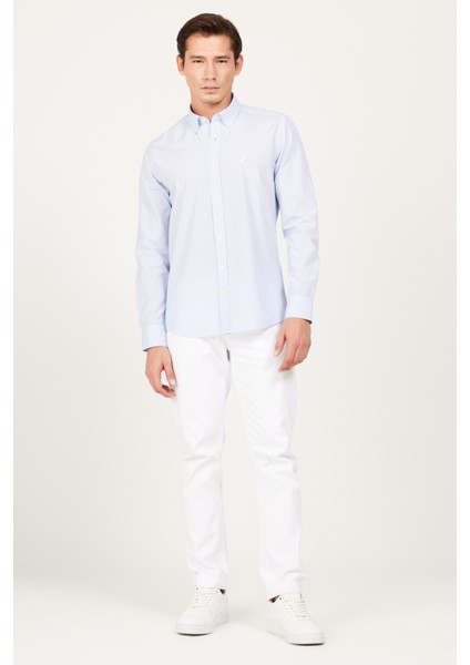 Erkek A.Mavi-Beyaz Slim Fit Dar Kesim Düğmeli Yaka Pamuklu Çizgili Gömlek fiyatları