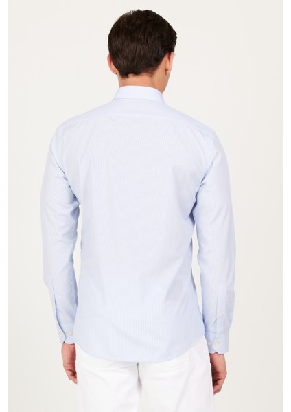 Erkek A.Mavi-Beyaz Slim Fit Dar Kesim Düğmeli Yaka Pamuklu Çizgili Gömlek indirimleri